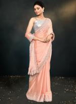 Sattin Silk Peach Party Wear Embroidery Work Saree